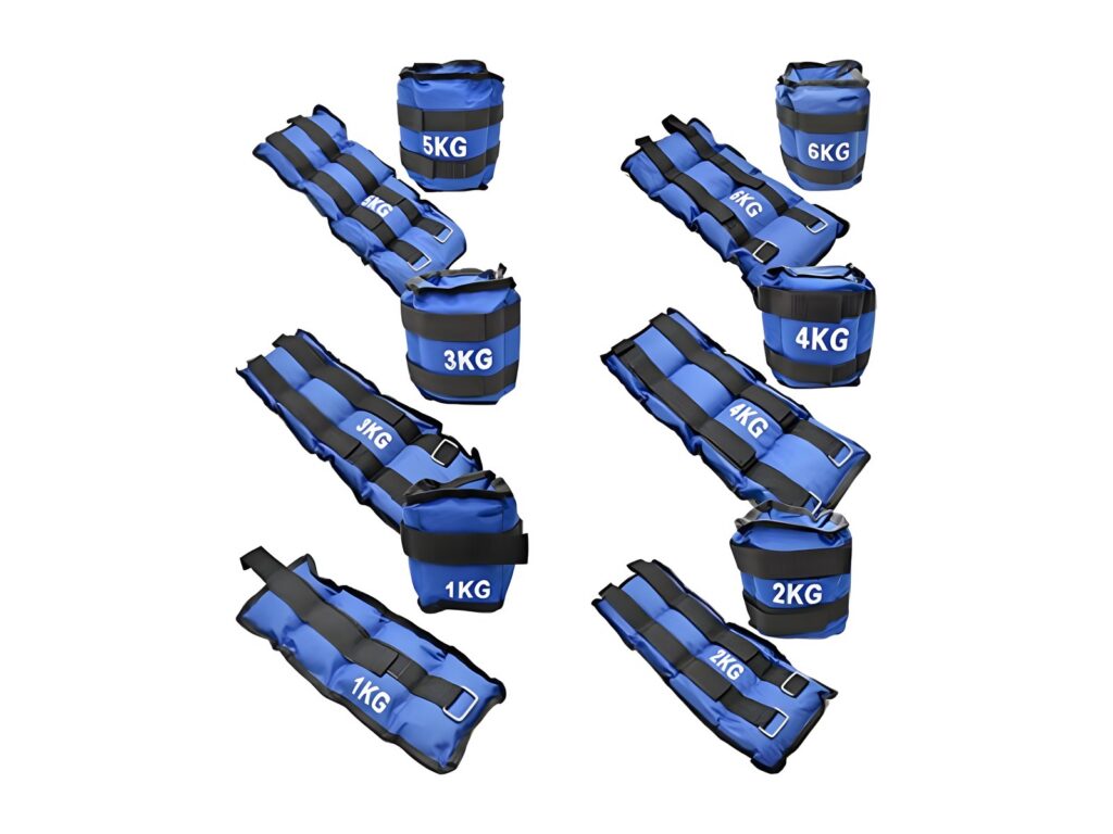 Set of blue ankle and wrist weights in several sizes