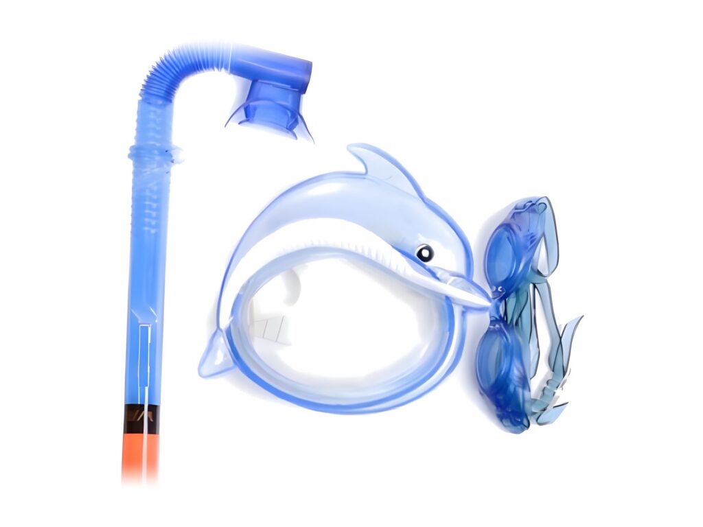 Kids' blue dolphin mask with a blue snorkel