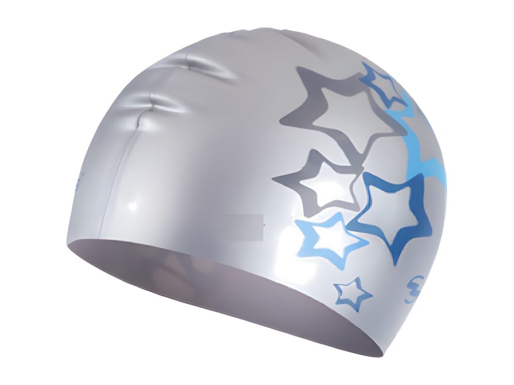 Silver swim cap with a blue star print