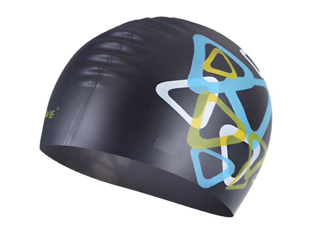 Black swim cap with a colorful triangle print