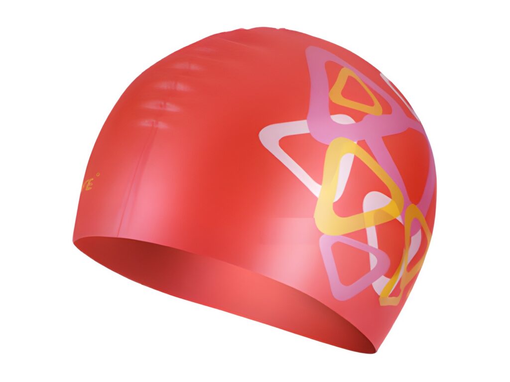 Red swim cap with a colorful triangle print