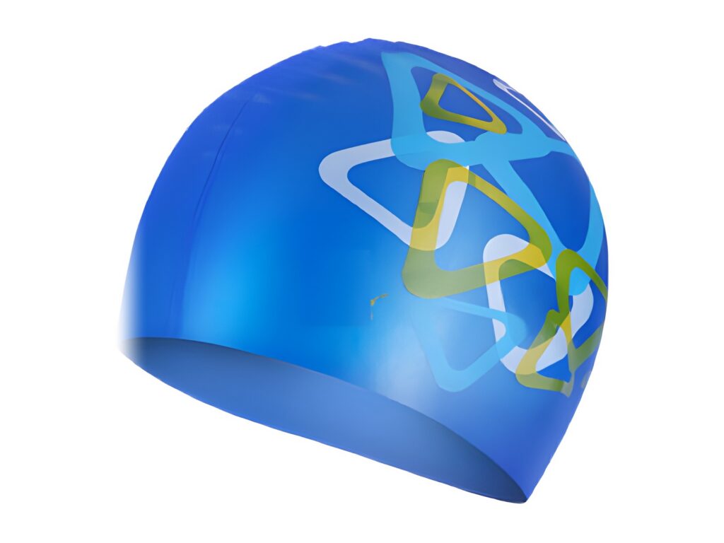 Blue swim cap with a triangle print