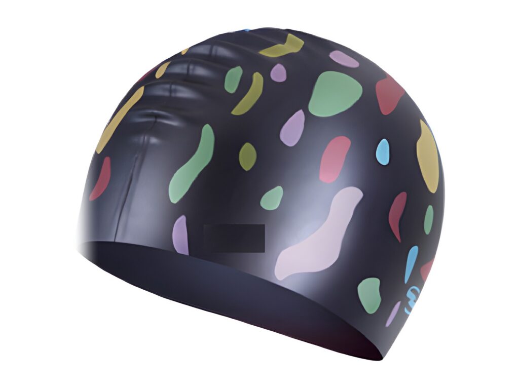 Black swim cap with a colorful dot print