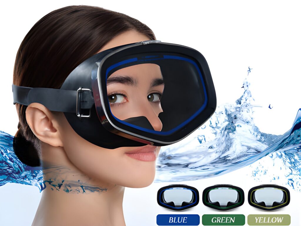 Diving mask worn by a model, with blue, green and yellow trim options