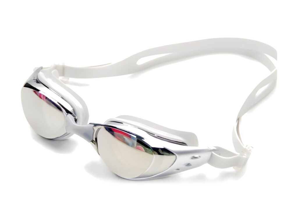 Swimming goggles with clear strap and silver mirrored lenses