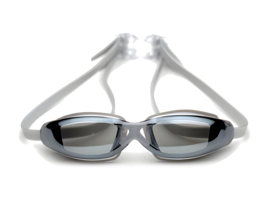 Swimming goggles with clear strap and smoke mirrored lenses