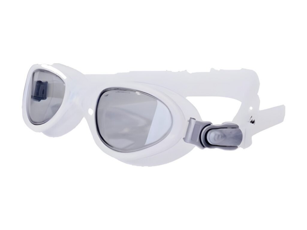 Swimming goggles with white frame and clear lenses