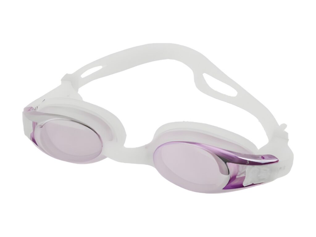 Swimming goggles with white strap and pink tinted lenses