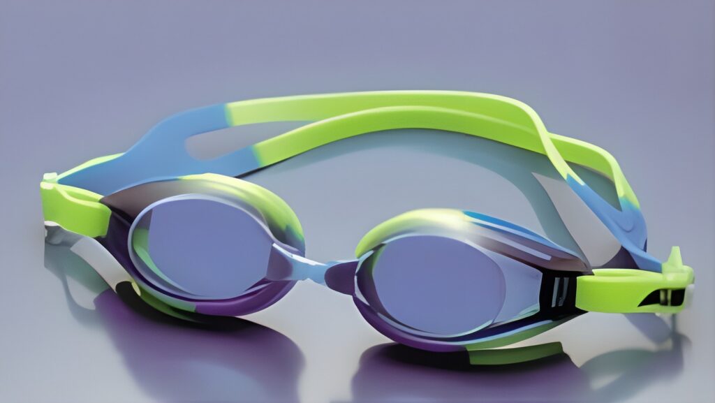 Swimming goggles with blue and lime strap