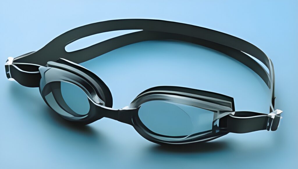 Swimming goggles with black strap and clear lenses