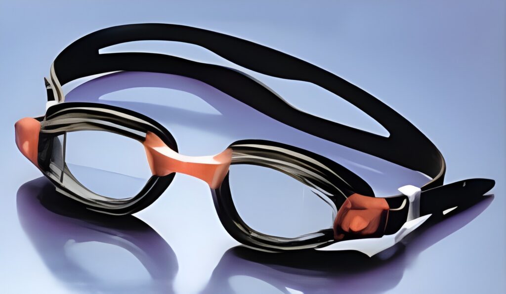 Swimming goggles with black frame with orange trim