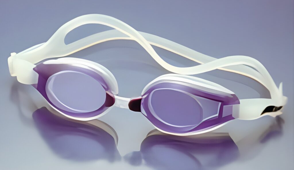 Swimming goggles with white strap and purple lenses