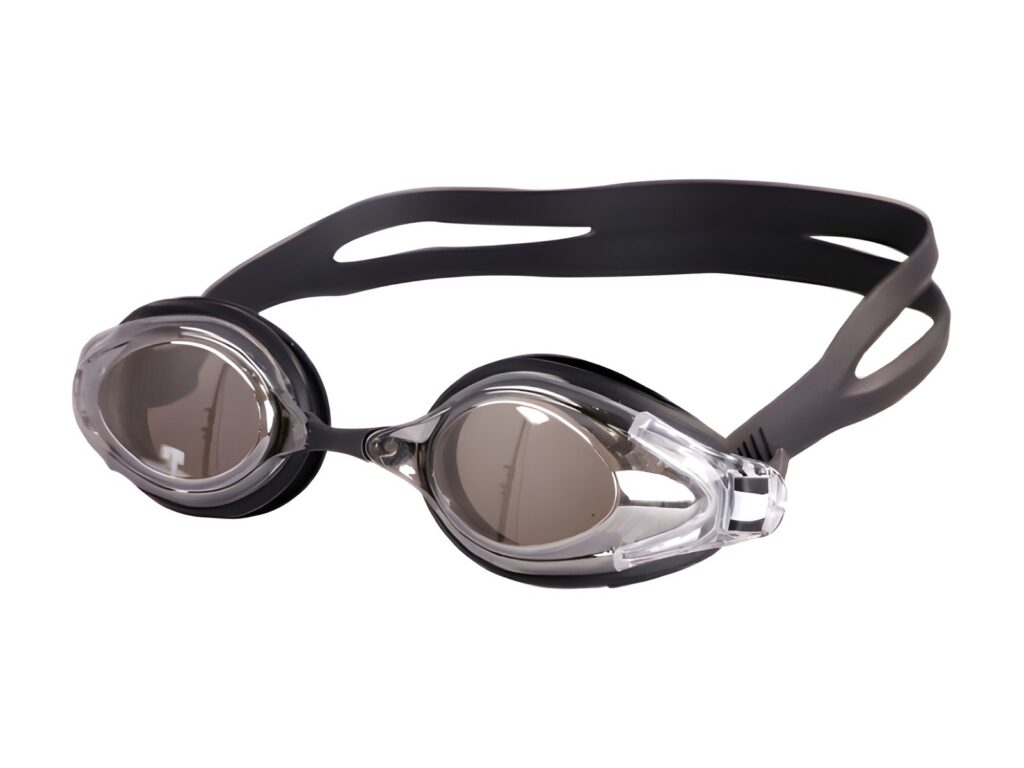 Swimming goggles with black strap and smoke lenses