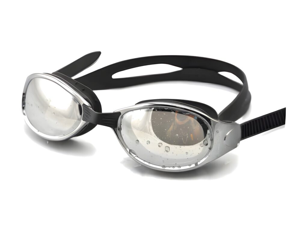 Swimming goggles with black strap and silver mirrored lenses