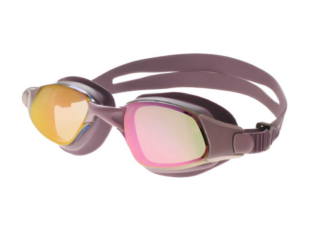 Swimming goggles with bronze strap and pink mirrored lenses