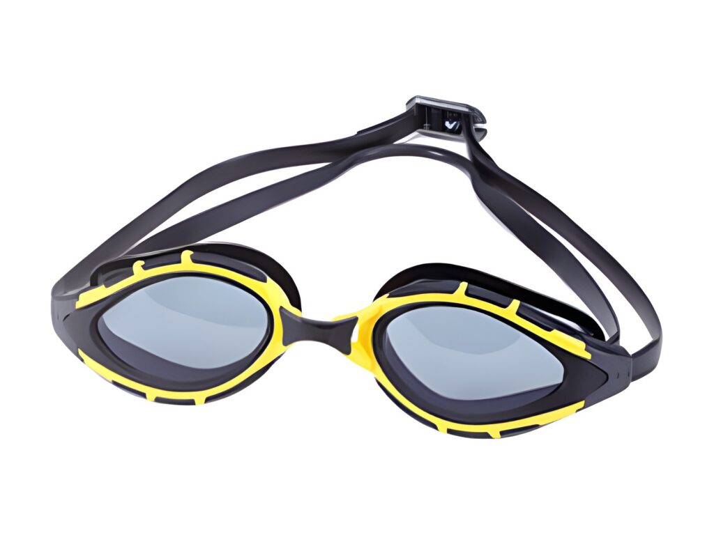 Swimming goggles with black frame with yellow trim