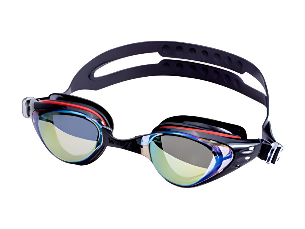 Swimming goggles with black strap and blue mirrored lenses