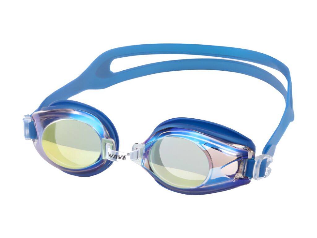 Swimming goggles with blue strap and mirrored lenses