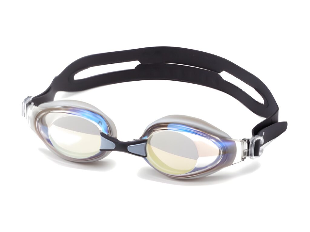 Swimming goggles with black strap and rainbow mirrored lenses
