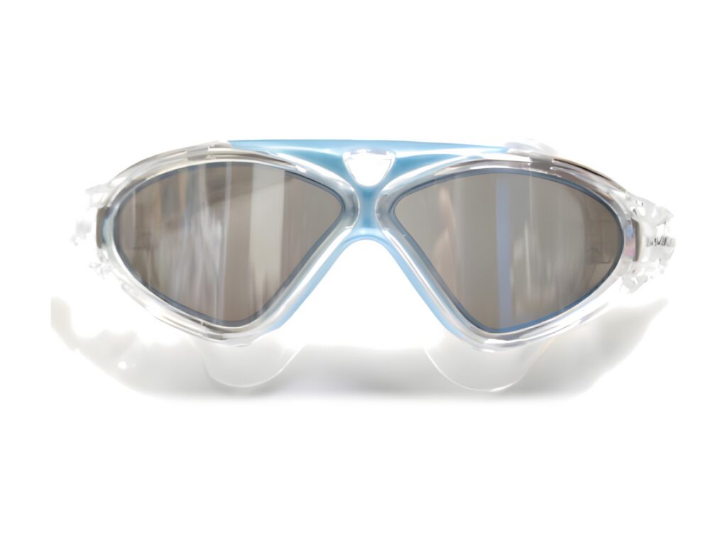 Swimming goggles with clear wide frame and silver mirrored lenses