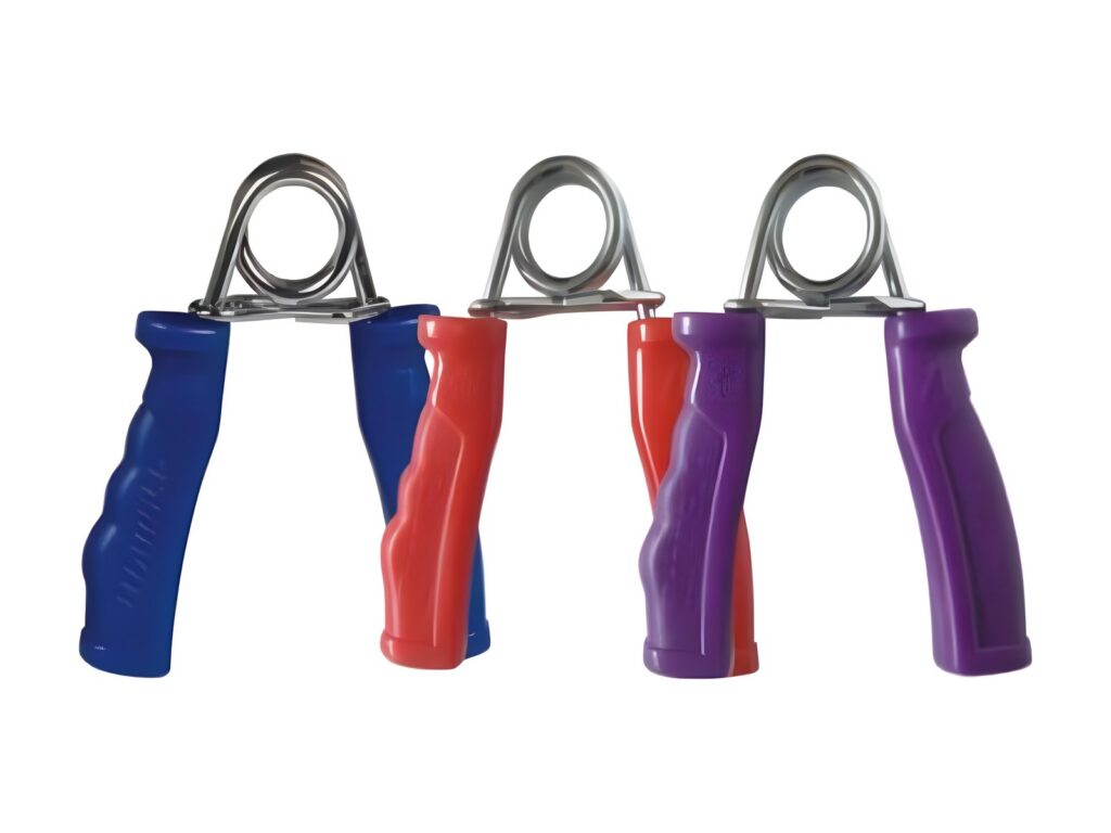 Hand grips in blue, red and purple