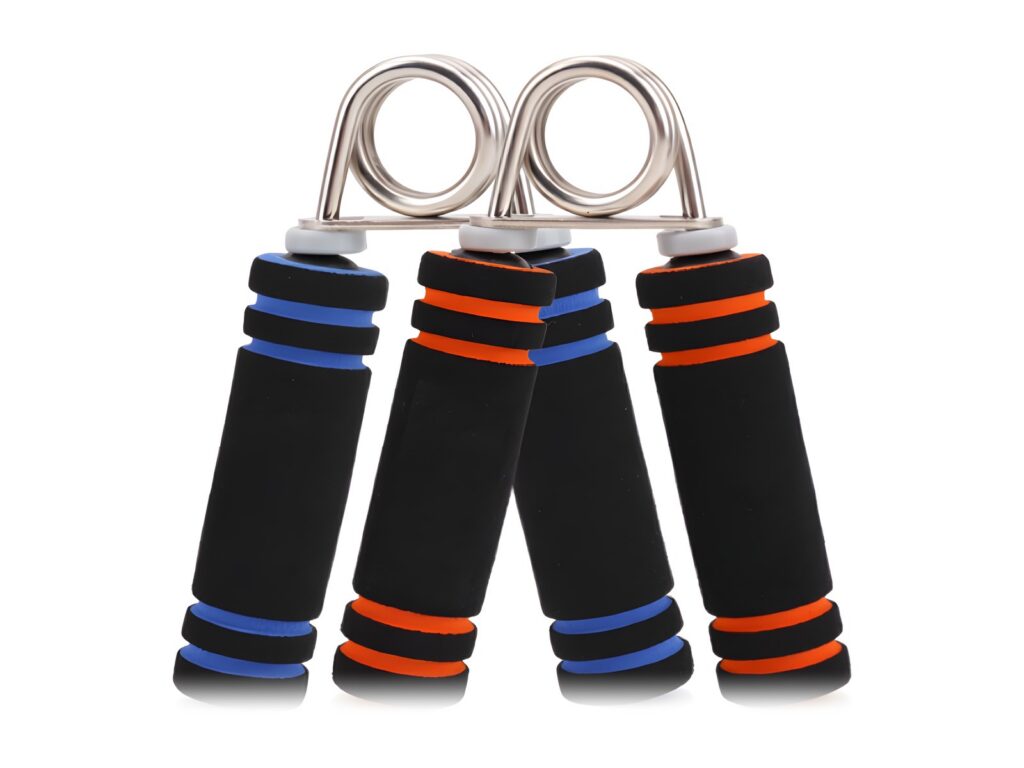 Hand grips with black foam handles and blue or orange rings