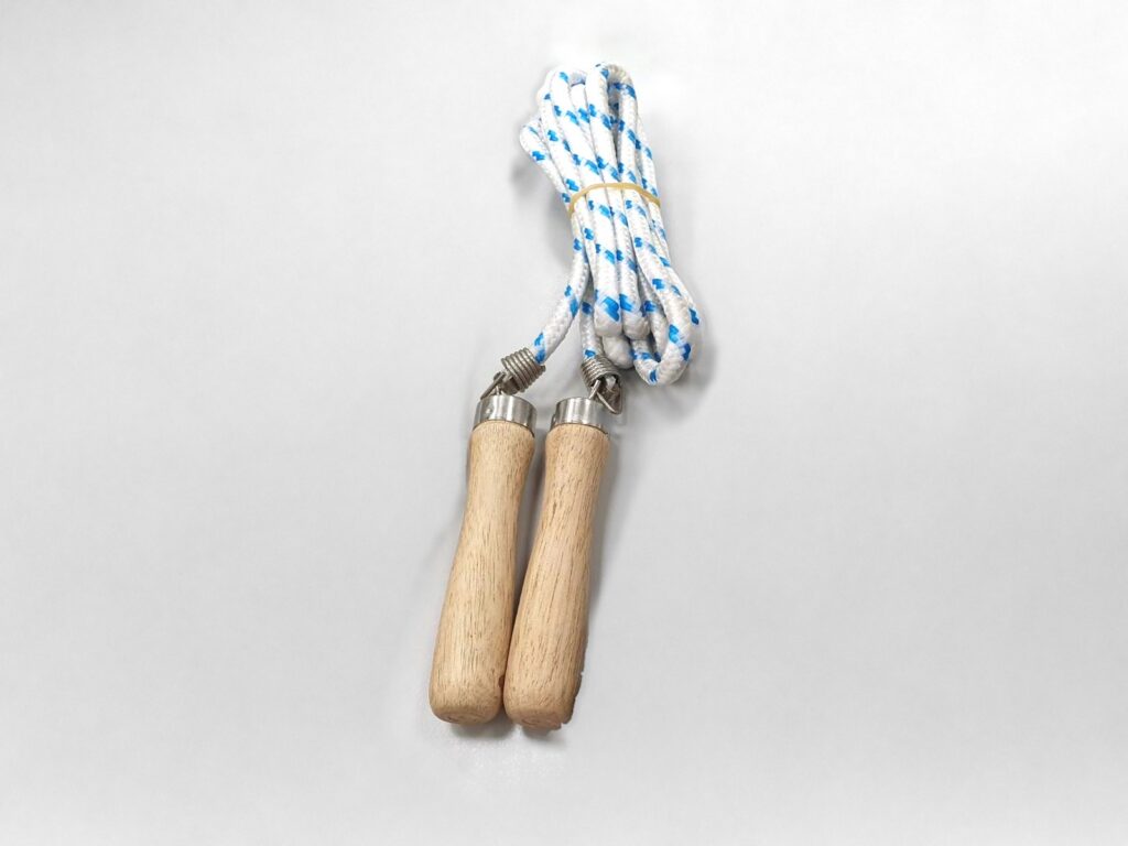 Jump rope with wooden handles and a white-and-blue rope