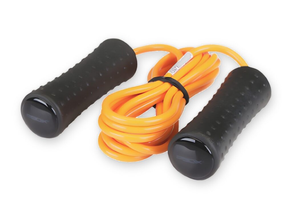 Jump rope with an orange rope and black foam handles