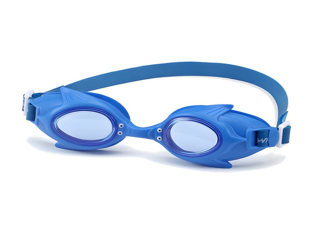 Blue kids' goggles with a shark design