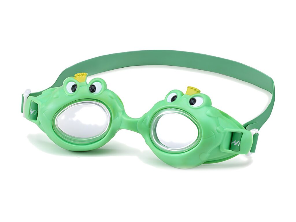 Green kids' goggles with a frog design