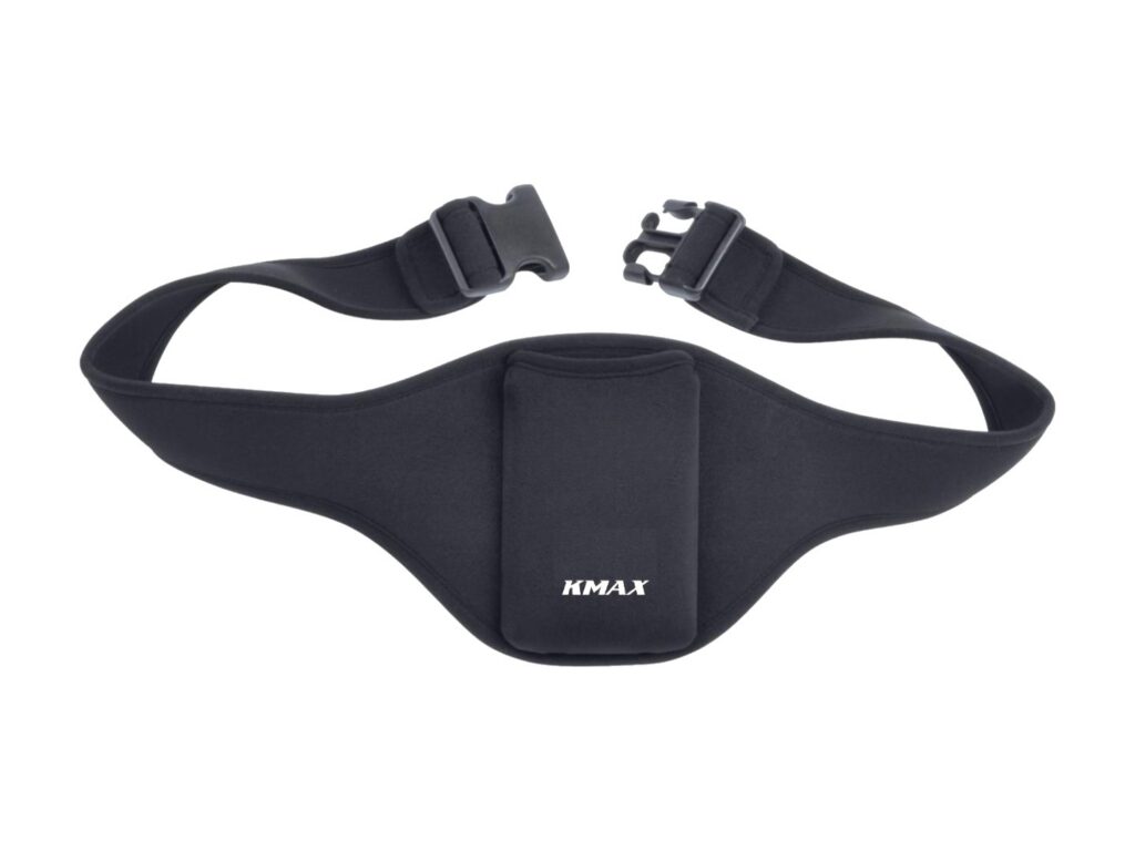 Black neoprene mic belt with buckles and a KMAX pocket