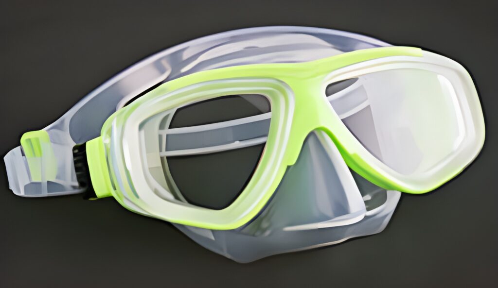 Lime green two-lens diving mask with a clear skirt