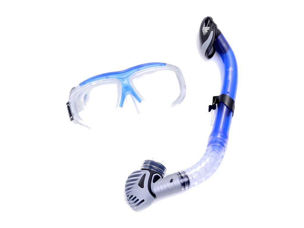 Clear mask with blue accents and a blue snorkel