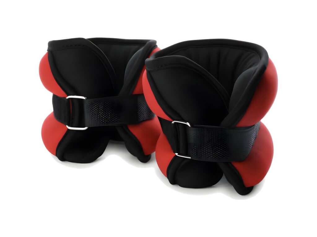 Red and black neoprene ankle weights with straps