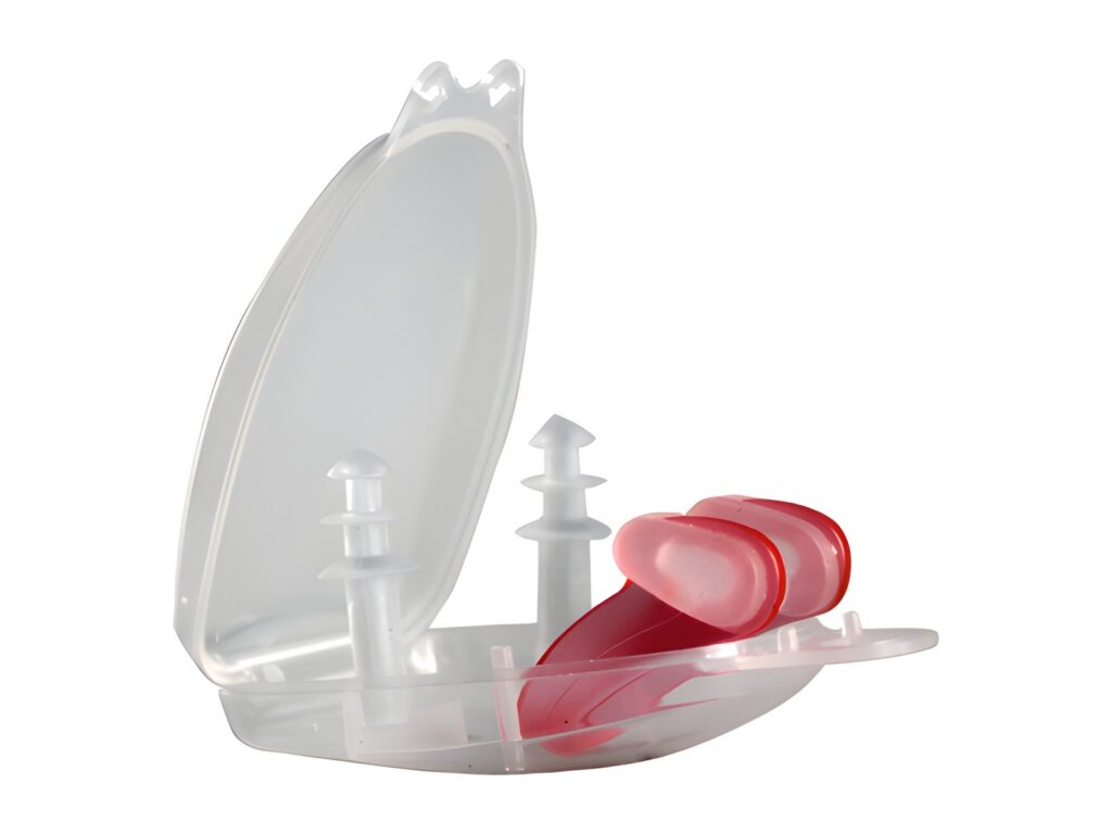 Ear plugs and a nose clip in a clear carry case