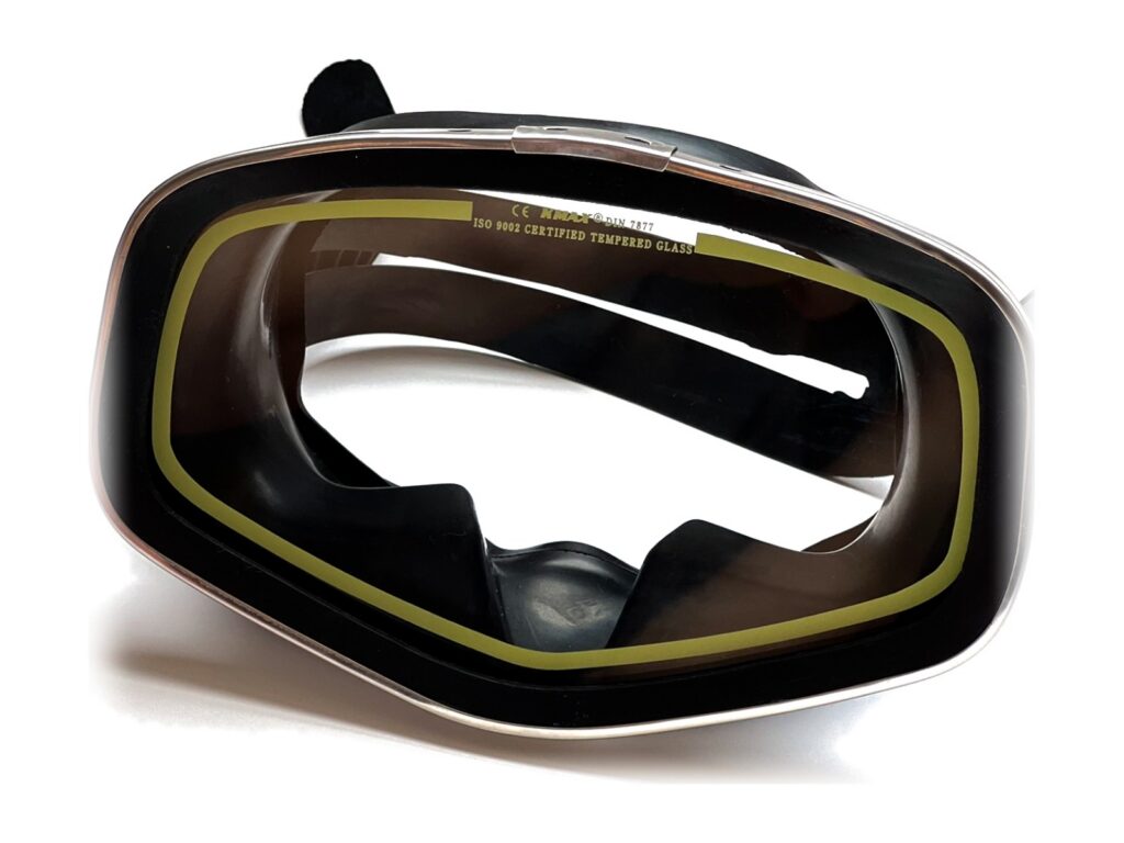 KMAX diving mask with a black skirt and yellow lens trim